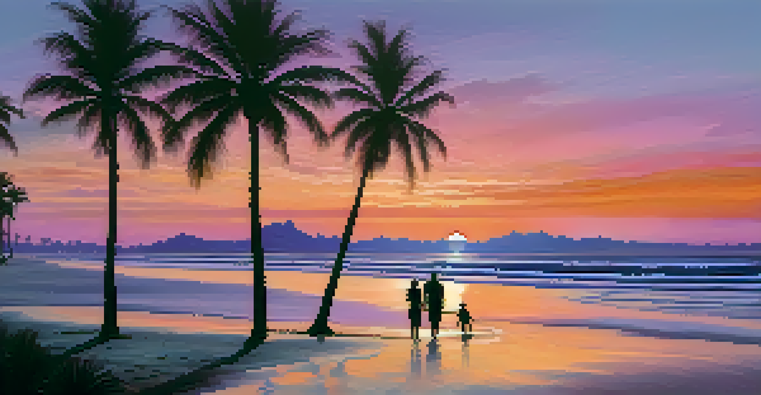 A beautiful sunset on the beach with colorful skies and a couple walking along the shore.