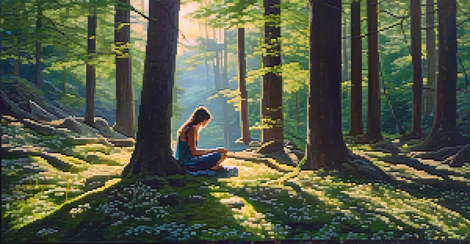 A peaceful forest scene at sunset, with a person meditating on a mossy rock amidst tall trees and colorful wildflowers.
