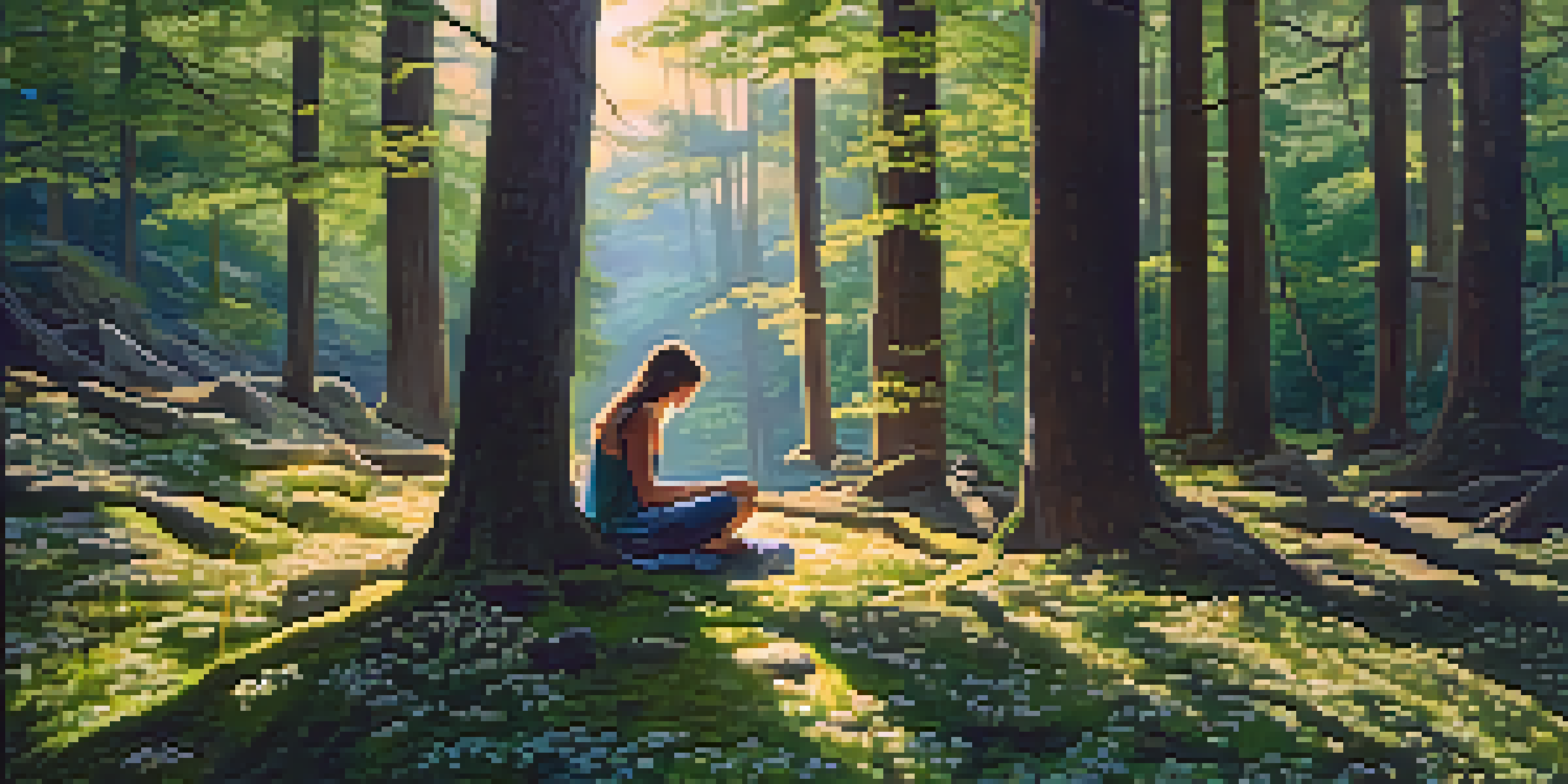 A peaceful forest scene at sunset, with a person meditating on a mossy rock amidst tall trees and colorful wildflowers.
