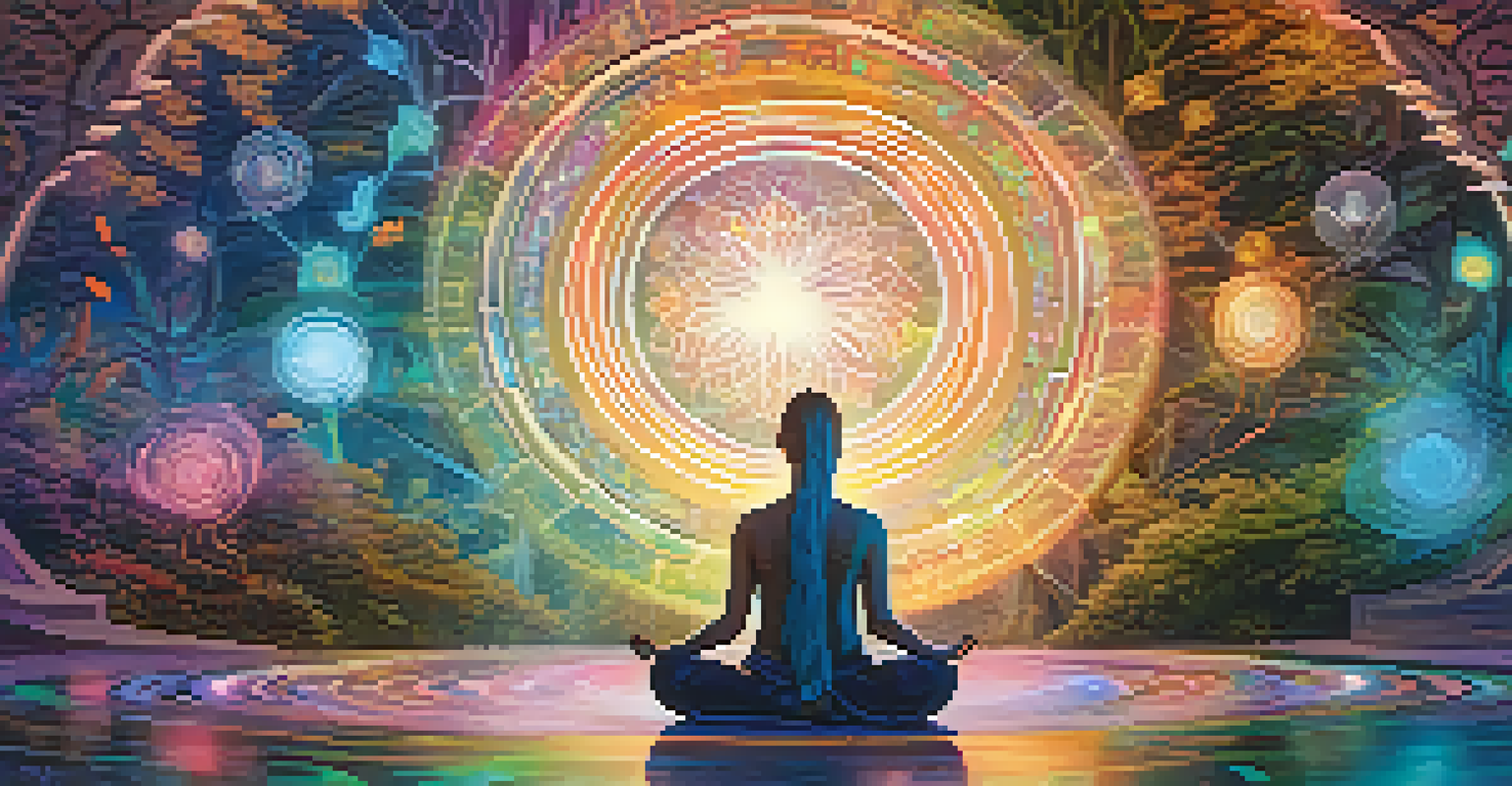 A person meditating in a tranquil environment, surrounded by swirling colors and glowing lights that represent altered states of consciousness.