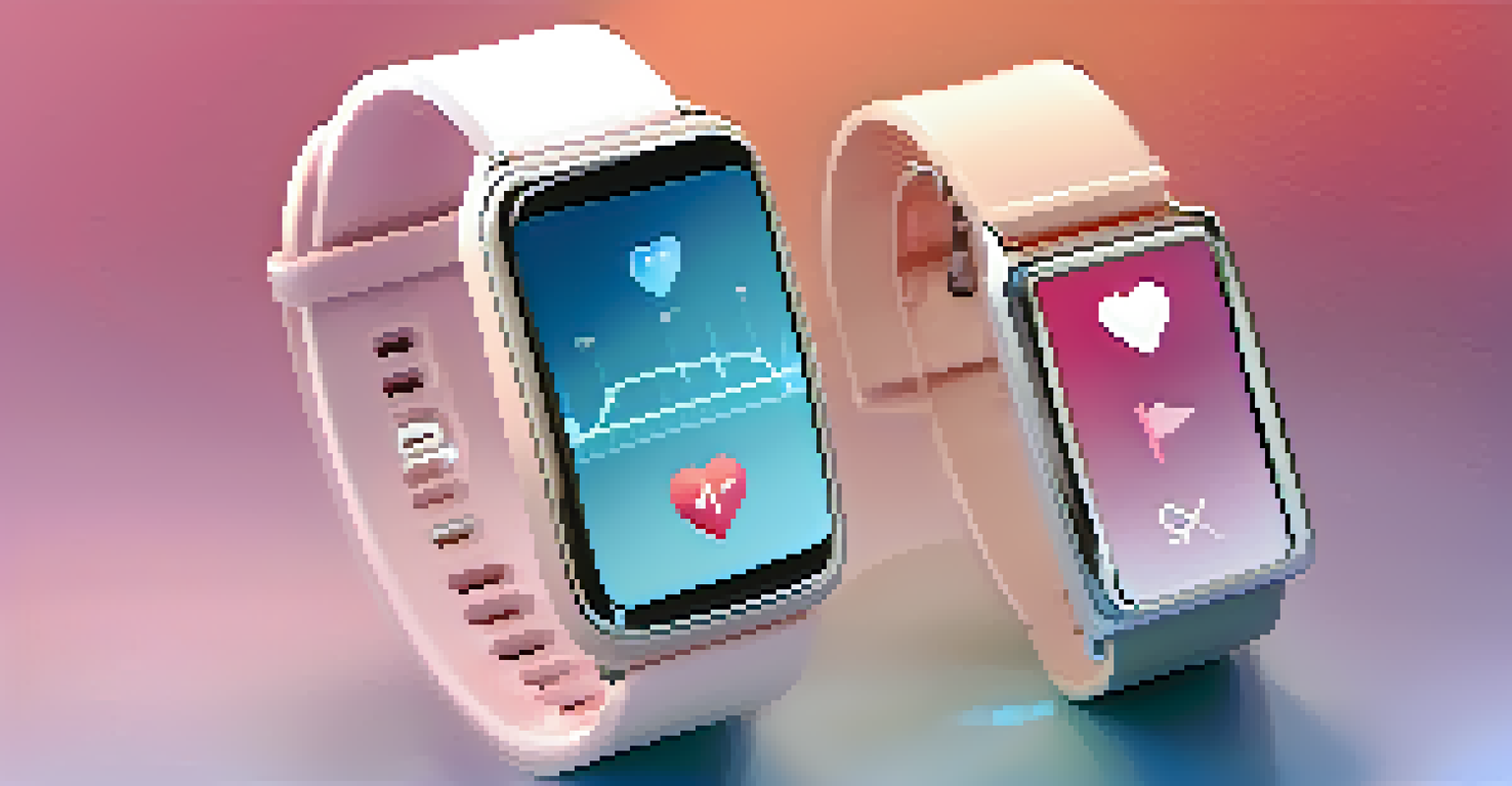 A smartwatch and fitness tracker showing heart rate and mood metrics against a calming color gradient background.