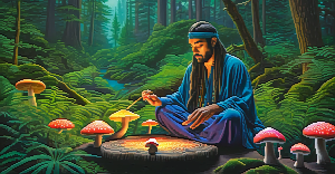 A shaman in traditional attire prepares mushrooms in a glowing twilight forest, surrounded by vibrant greenery.