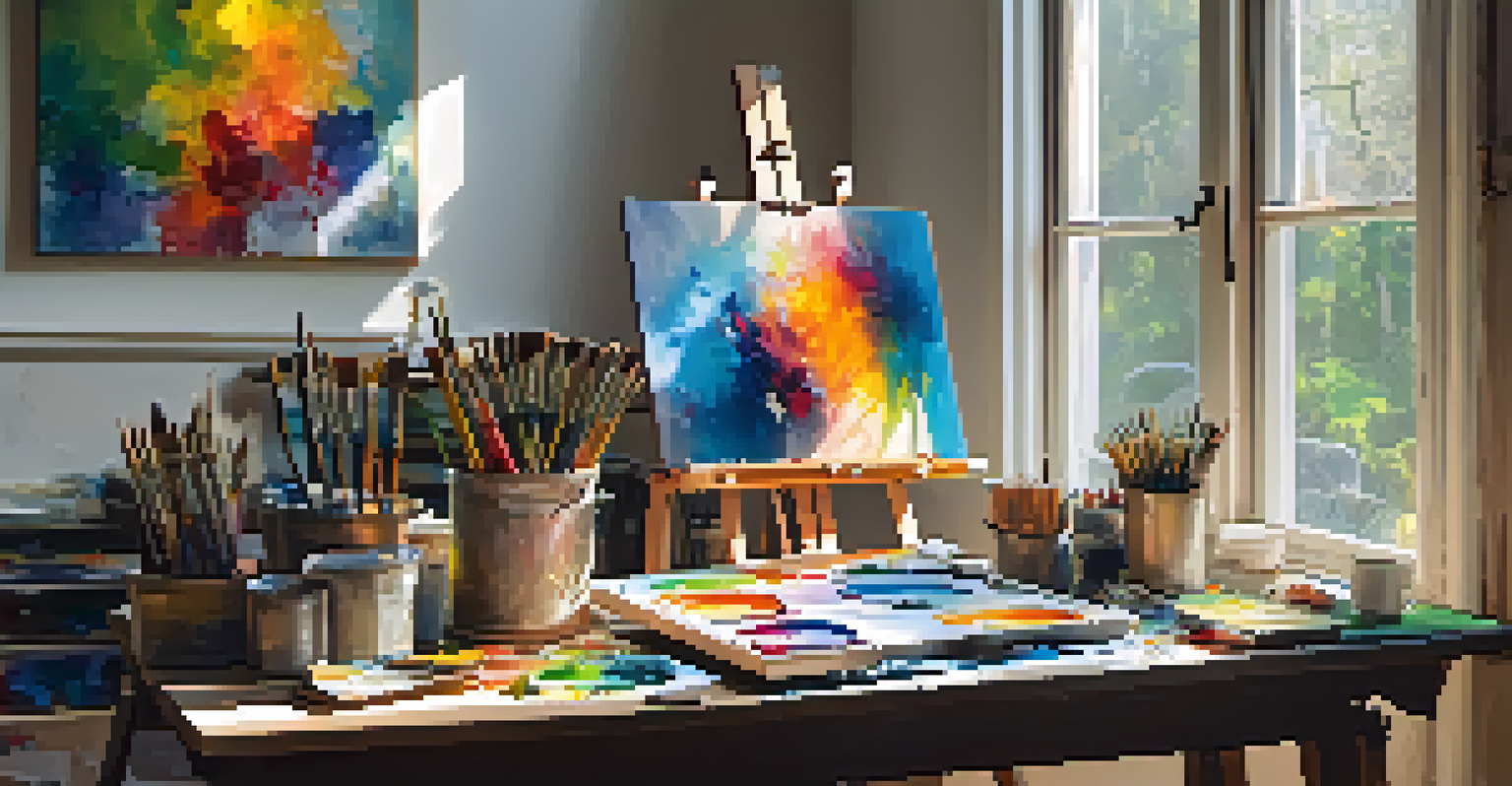 An artist's workspace with paints and a half-finished vibrant abstract painting on an easel.