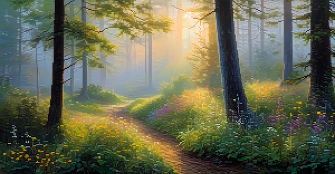 A peaceful forest scene at sunrise, with warm light, mist, and dew-covered wildflowers.