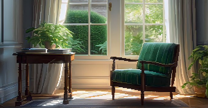 A peaceful room with a cozy chair, a journal on a table, and sunlight casting soft shadows through curtains.