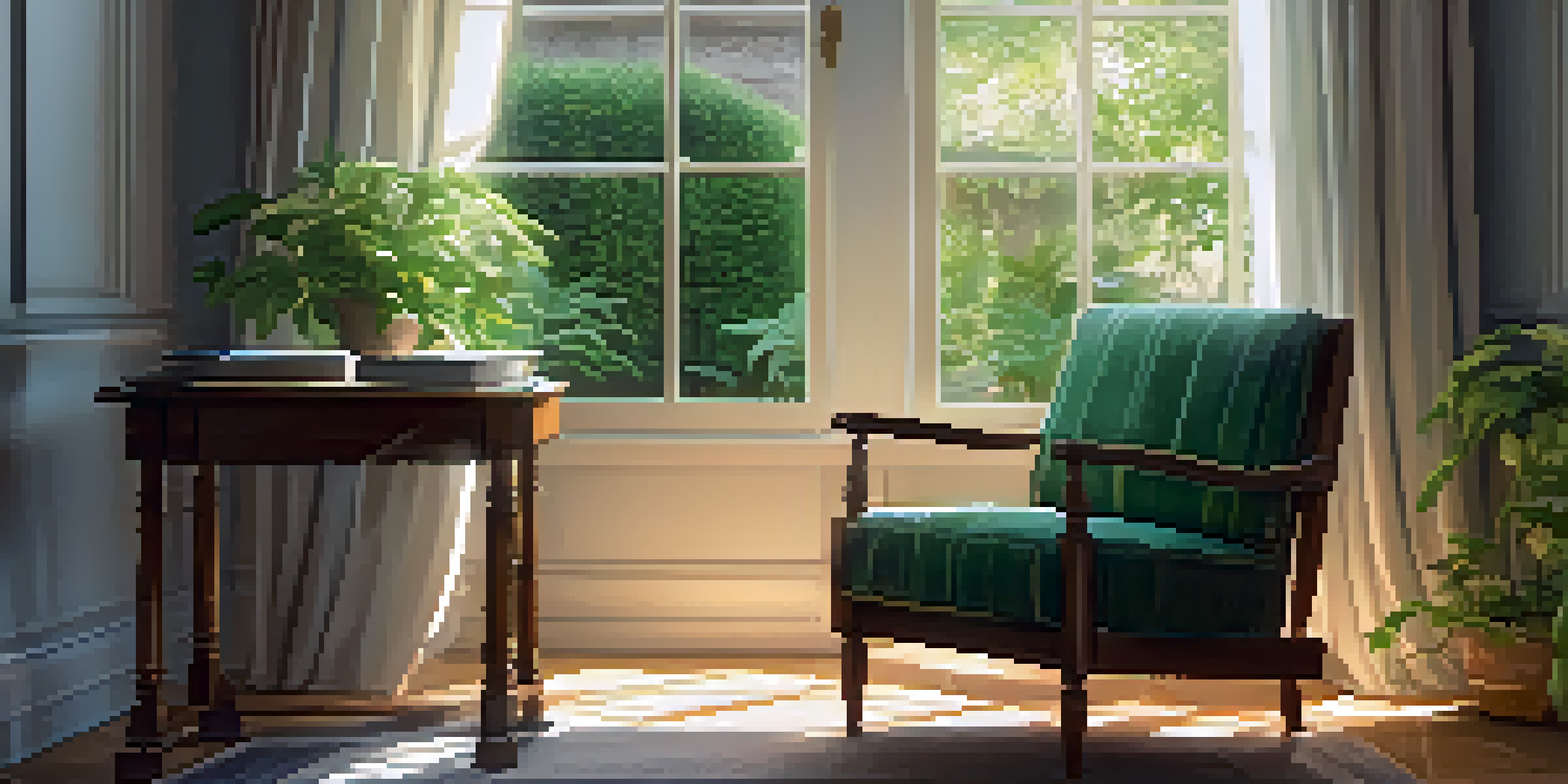 A peaceful room with a cozy chair, a journal on a table, and sunlight casting soft shadows through curtains.