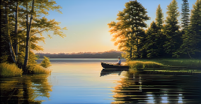 A peaceful lake with surrounding green forests and a sunset, reflecting the trees and sky on the water's surface with a small wooden boat.