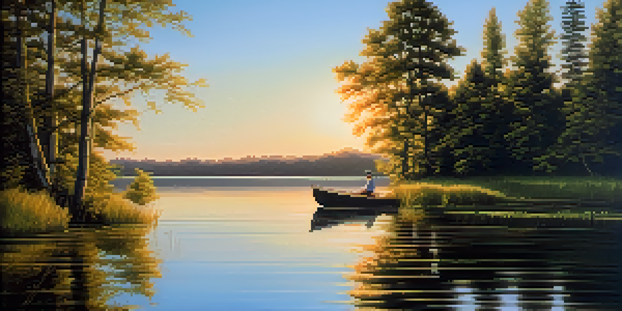 A peaceful lake with surrounding green forests and a sunset, reflecting the trees and sky on the water's surface with a small wooden boat.