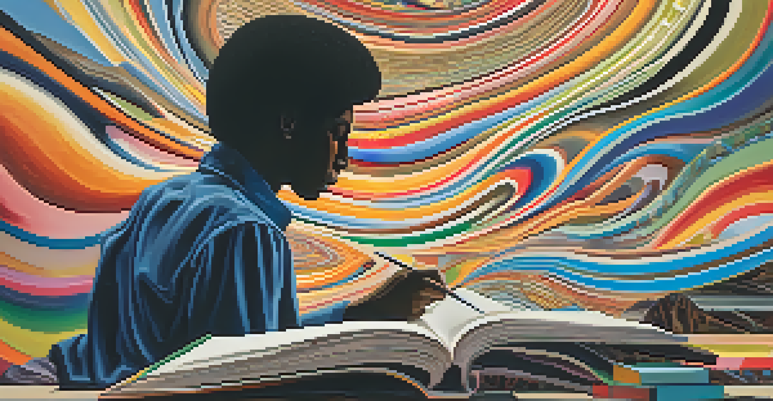 An abstract image of a writer's mind with swirling colors, psychedelic shapes, floating books, and a silhouette of a person in thought.