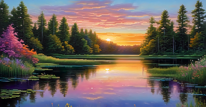 A colorful sunset over a green forest with a calm lake and wildflowers.