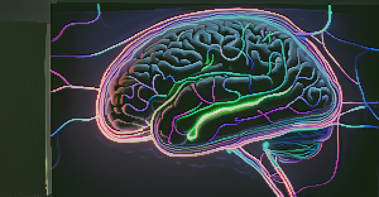 An abstract depiction of a brain with colorful neural pathways illuminated, representing neuroplasticity and mental health.