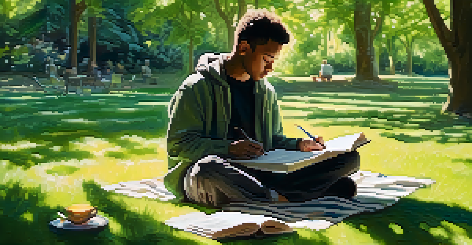 A person meditating and creating art in a green park, surrounded by nature and sunlight filtering through the trees.