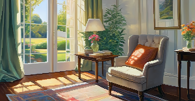 A bright room with a chair, an open journal, and a view of a colorful garden through a window.