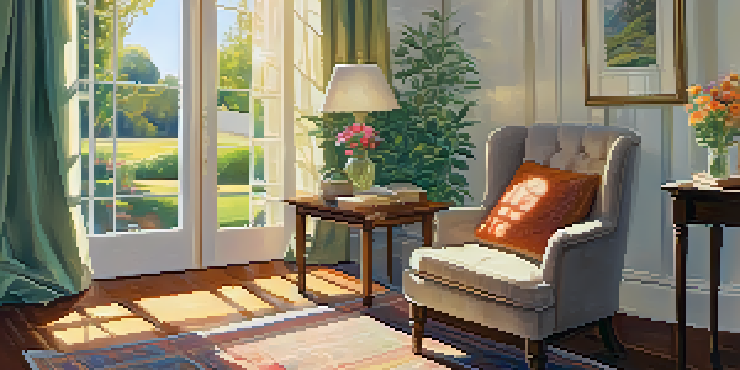 A bright room with a chair, an open journal, and a view of a colorful garden through a window.