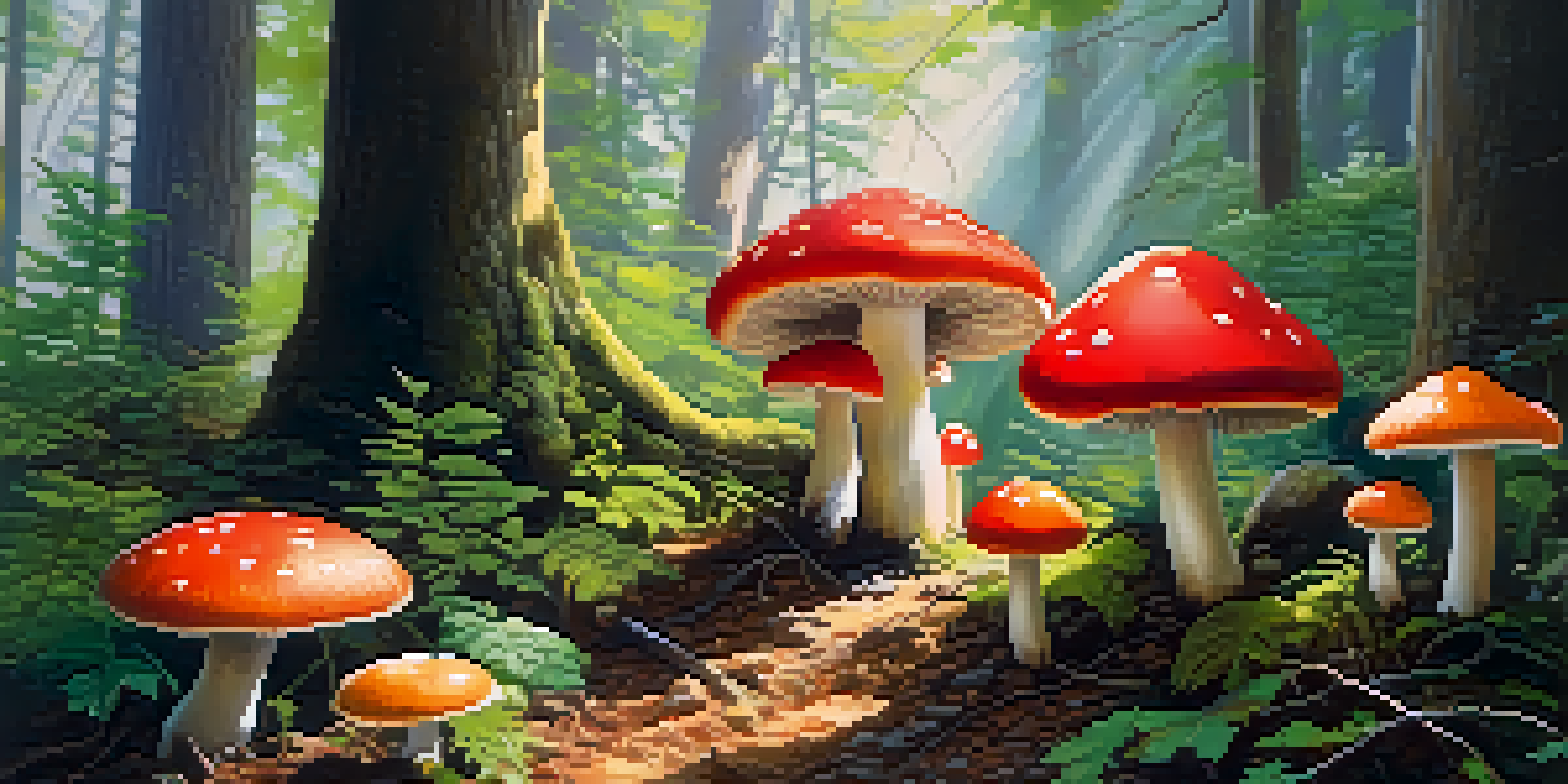 A peaceful forest with colorful mushrooms among green plants, illuminated by sunlight.