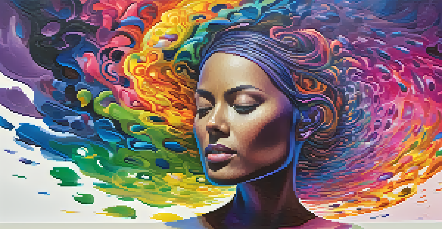An abstract depiction of the human mind, with swirling colorful patterns emerging from a silhouette of a head.