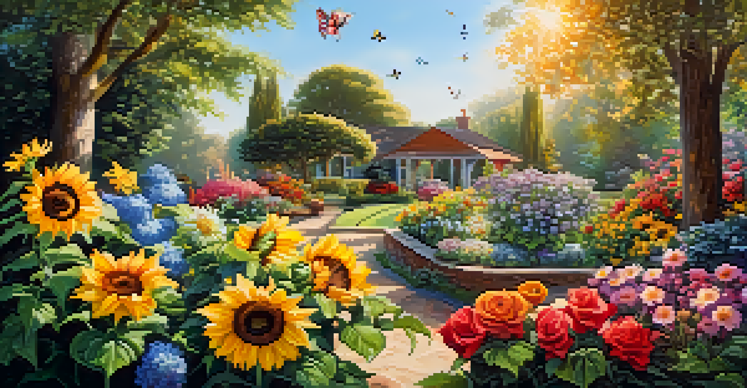 A vibrant garden filled with colorful flowers and a butterfly, illuminated by bright sunlight.