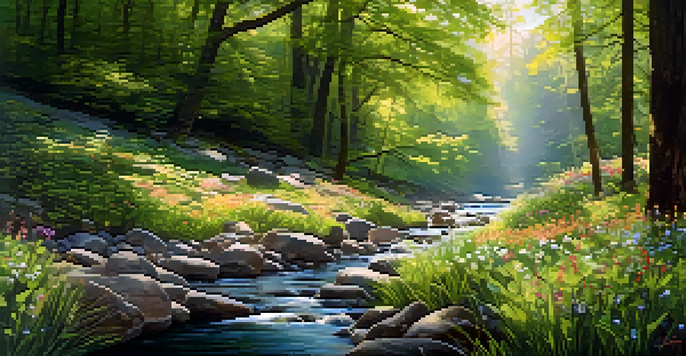 A peaceful forest with sunlight filtering through leaves, a small stream flowing over stones, and colorful wildflowers blooming.