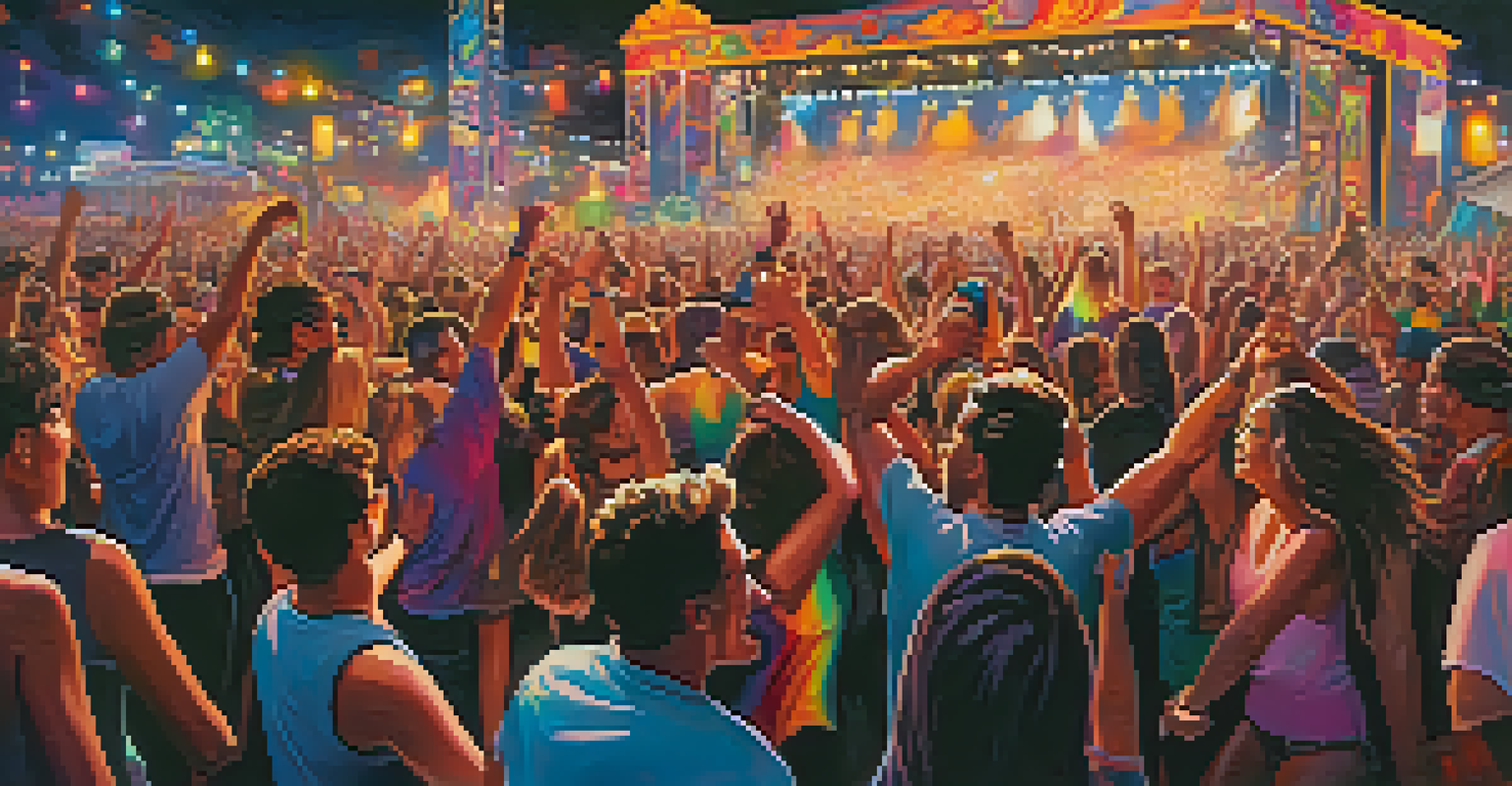 A lively music festival with colorful lights, dancing crowds, and a stage in the background.