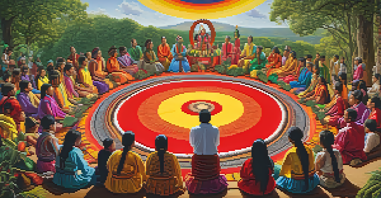 A gathering of people in traditional attire participating in a cultural ritual in nature, with vibrant colors and symbolic elements.