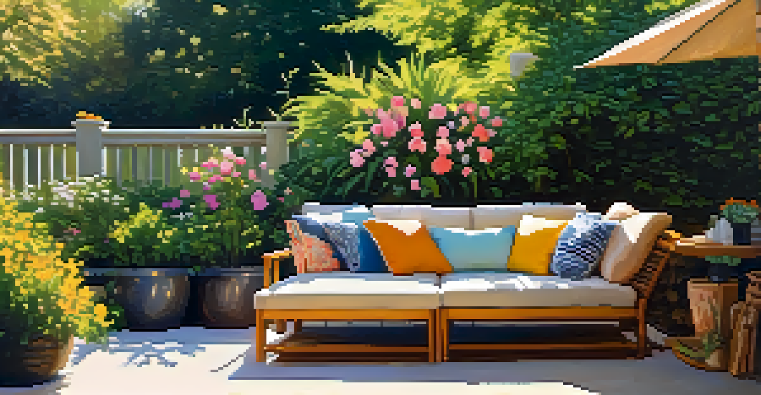 A beautiful outdoor garden with colorful flowers, soft cushions, and gentle sunlight, providing a tranquil space for relaxation and reflection.