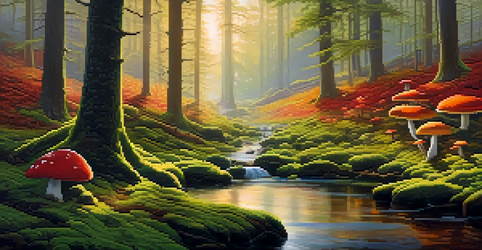 A peaceful forest scene at dawn with sunlight filtering through trees, a clear stream, and colorful mushrooms.