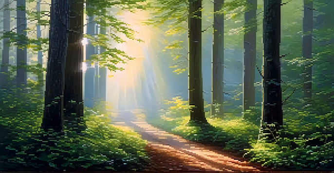 A peaceful forest at dawn with tall trees and sunlight filtering through the leaves, creating a warm atmosphere.