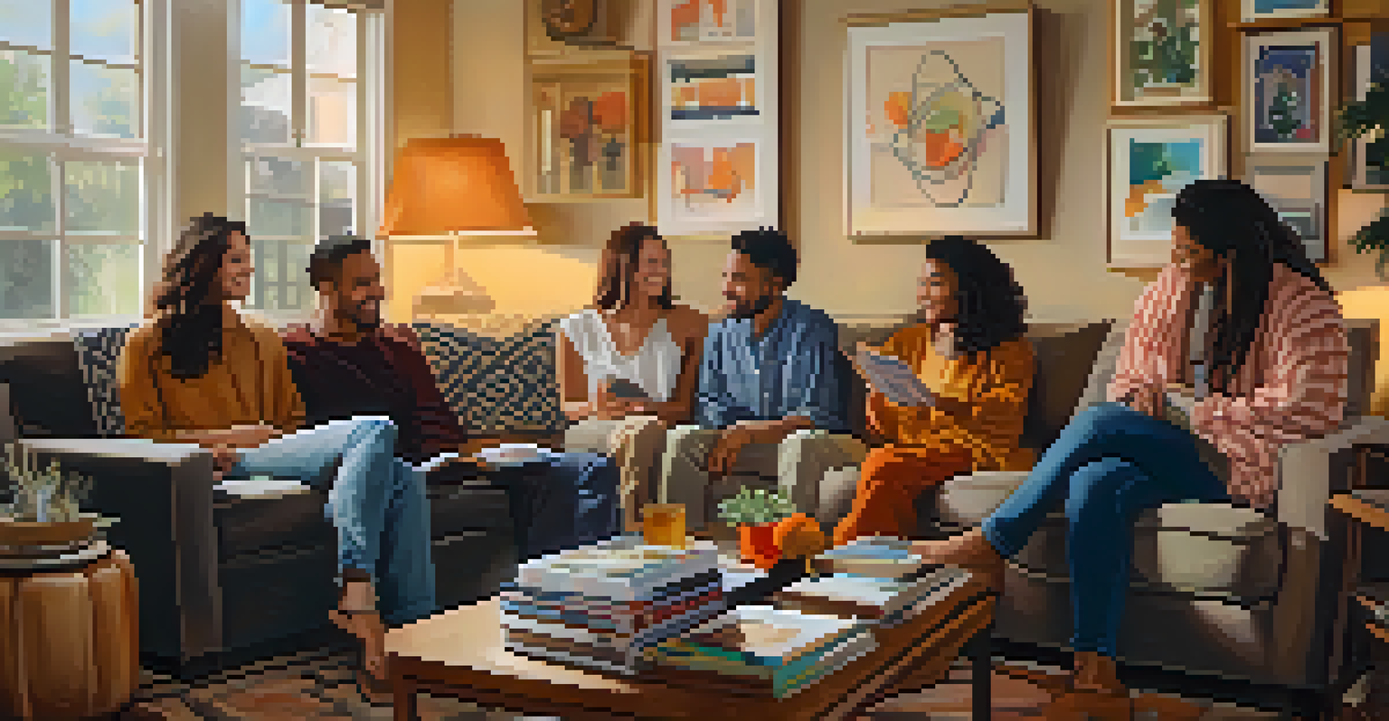 A cozy living room gathering with friends, featuring warm lighting, comfortable seating, and colorful artwork.