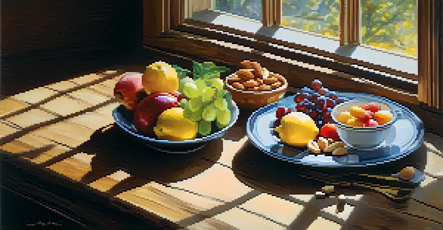 A wooden table beautifully set with fresh fruits and a glass of water, illuminated by natural light.