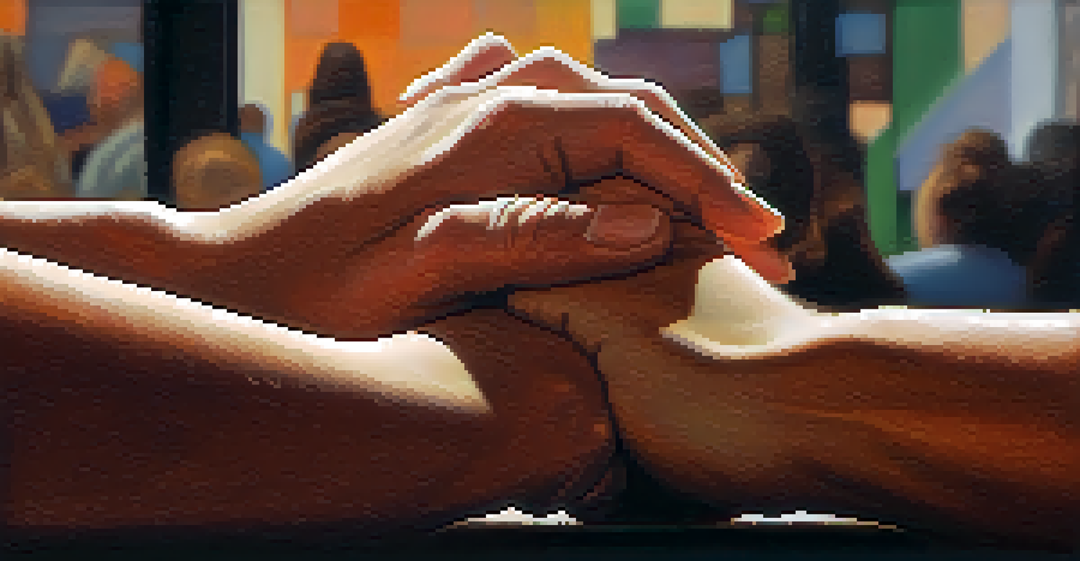 Close-up of two hands clasped together in support, with blurred silhouettes of people in the background.
