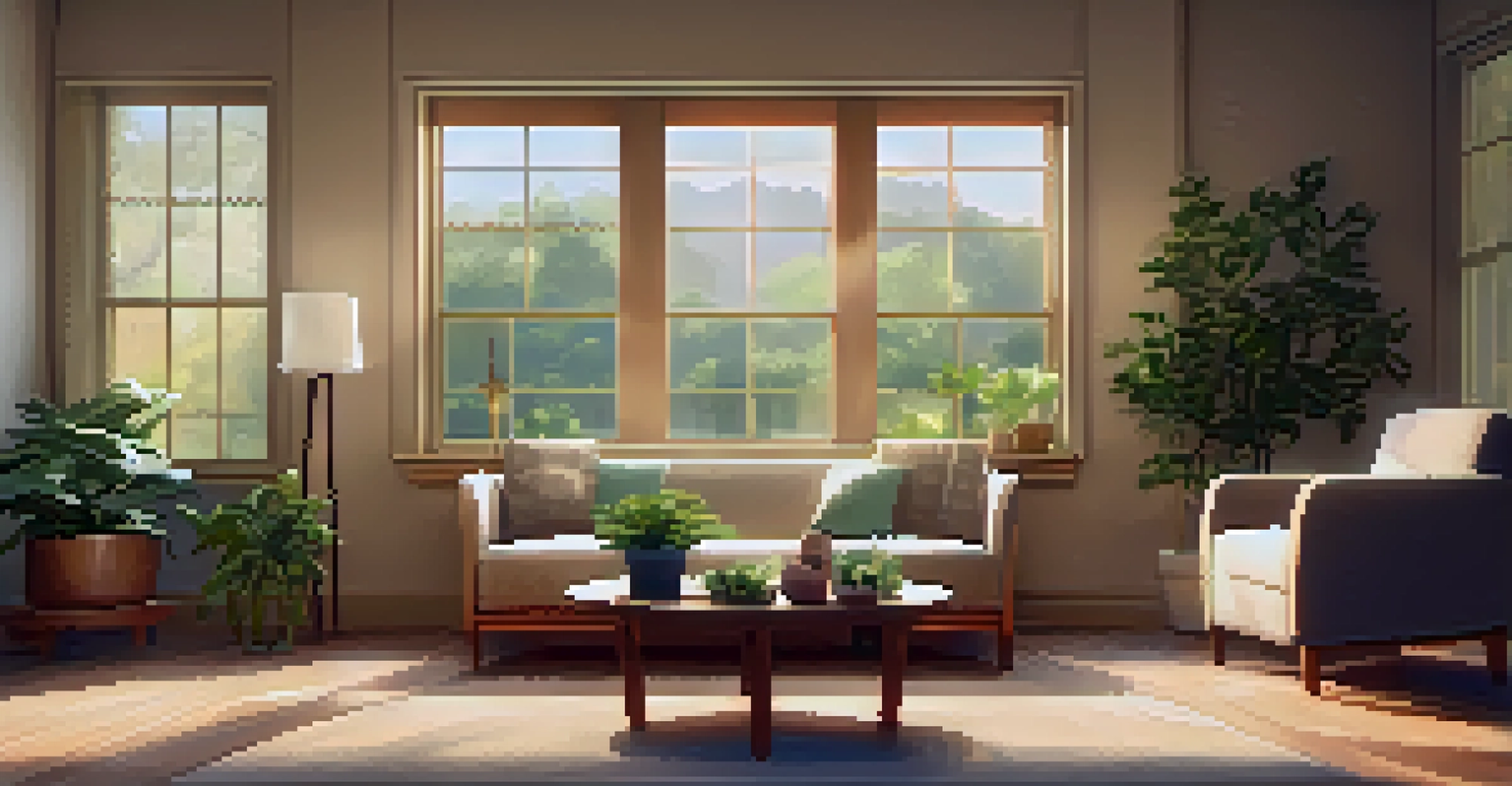 A warm and inviting therapy room with comfortable seating and calming decor, overlooking a peaceful garden.