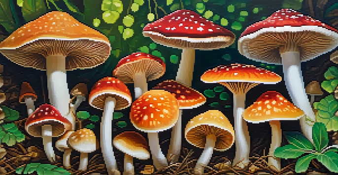 A close-up view of psilocybin mushrooms with vibrant colors and intricate textures, set against a blurred natural background.