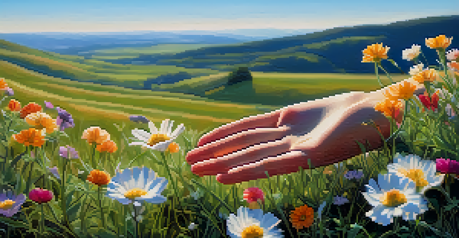 A close-up of a hand touching a wildflower in a sunlit meadow with rolling hills and a clear blue sky in the background.