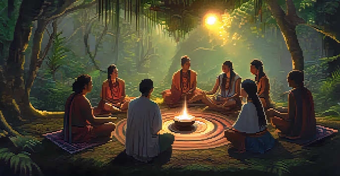 A tranquil scene of a traditional Ayahuasca ceremony in a lush rainforest with a shaman leading participants in a circle, illuminated by soft lantern light.