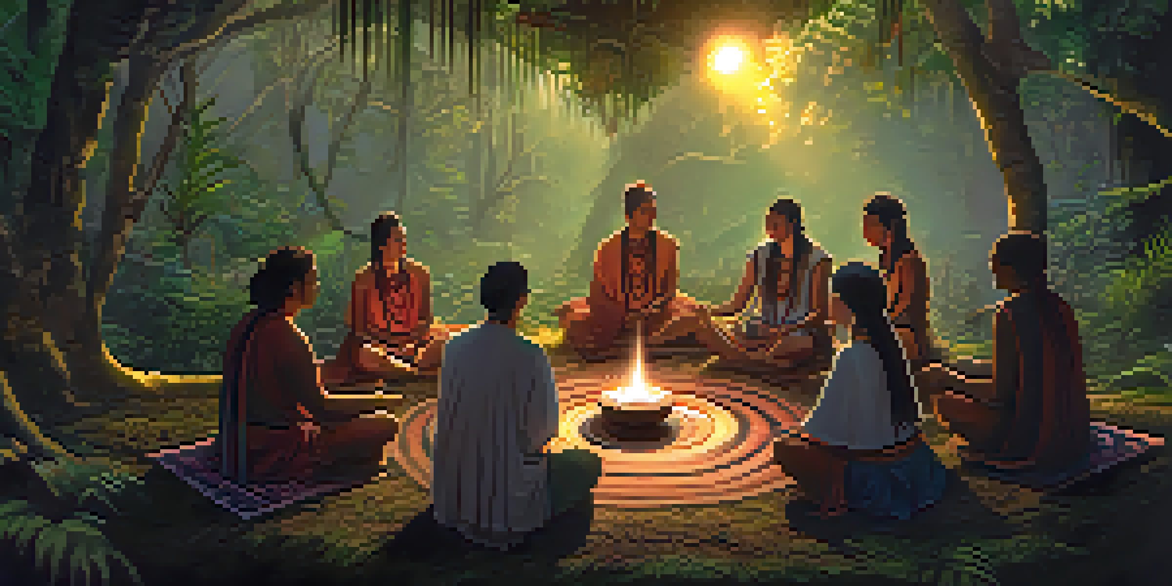 A tranquil scene of a traditional Ayahuasca ceremony in a lush rainforest with a shaman leading participants in a circle, illuminated by soft lantern light.