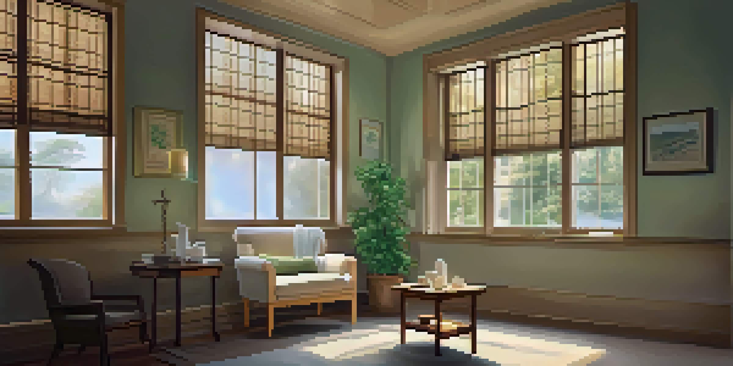 A cozy therapy room with warm lighting, a comfortable armchair, and nature-themed artwork, promoting a serene atmosphere for therapy.