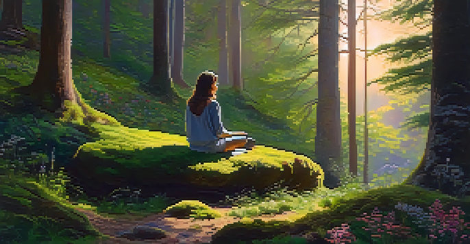 A peaceful forest scene at sunset, featuring a person meditating on a mossy stone surrounded by flowers and trees.