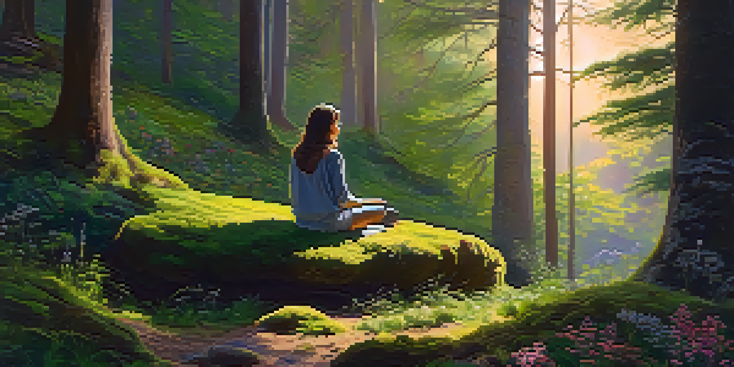 A peaceful forest scene at sunset, featuring a person meditating on a mossy stone surrounded by flowers and trees.
