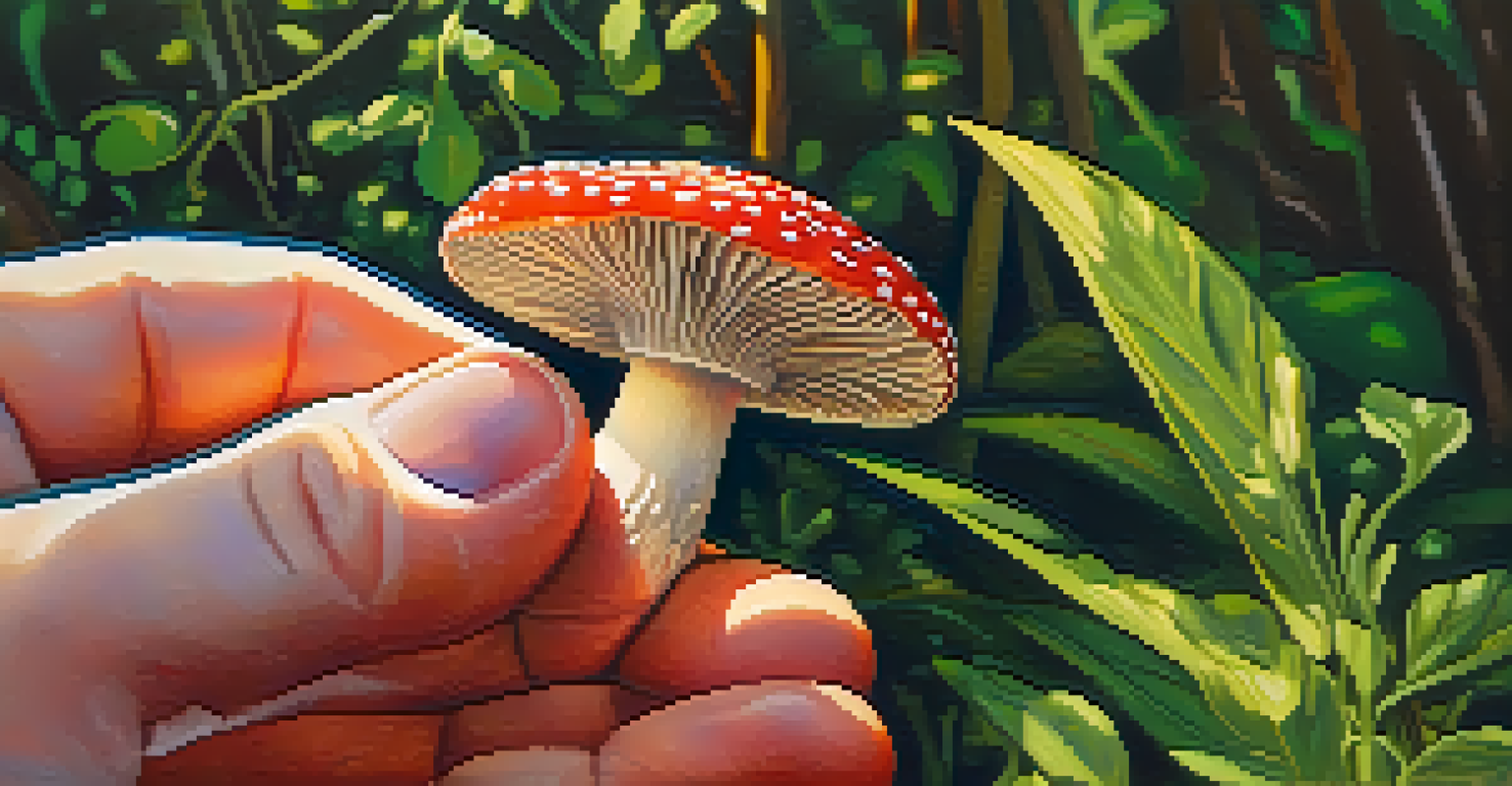 A close-up of a hand holding a colorful mushroom surrounded by green foliage and sunlight, highlighting the details of the mushroom.
