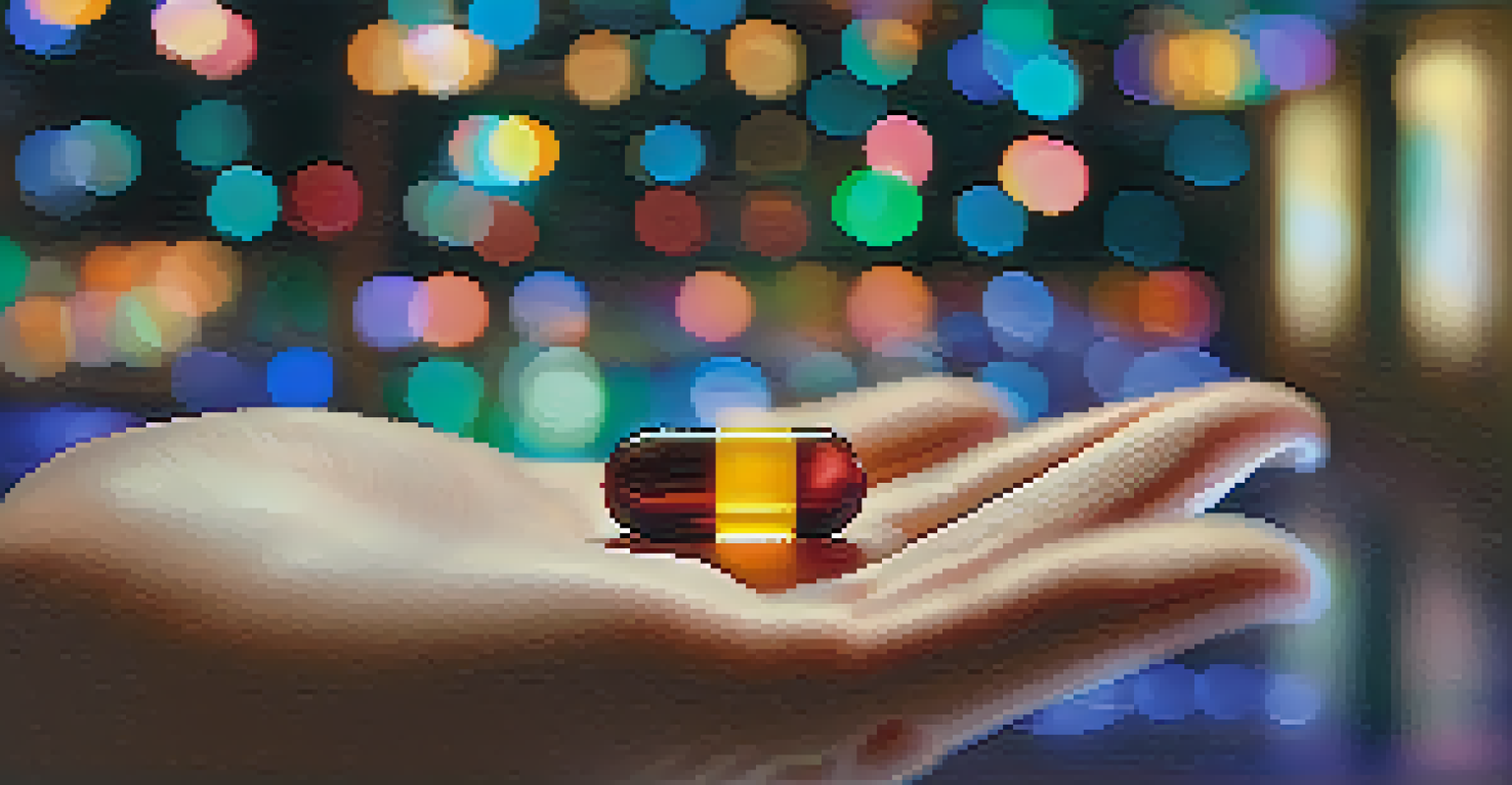 A hand holding a colorful pill in a softly lit therapy space, representing the journey of healing.