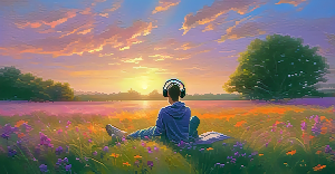 A person lying in a green field with headphones, surrounded by wildflowers, under a colorful sunset sky.