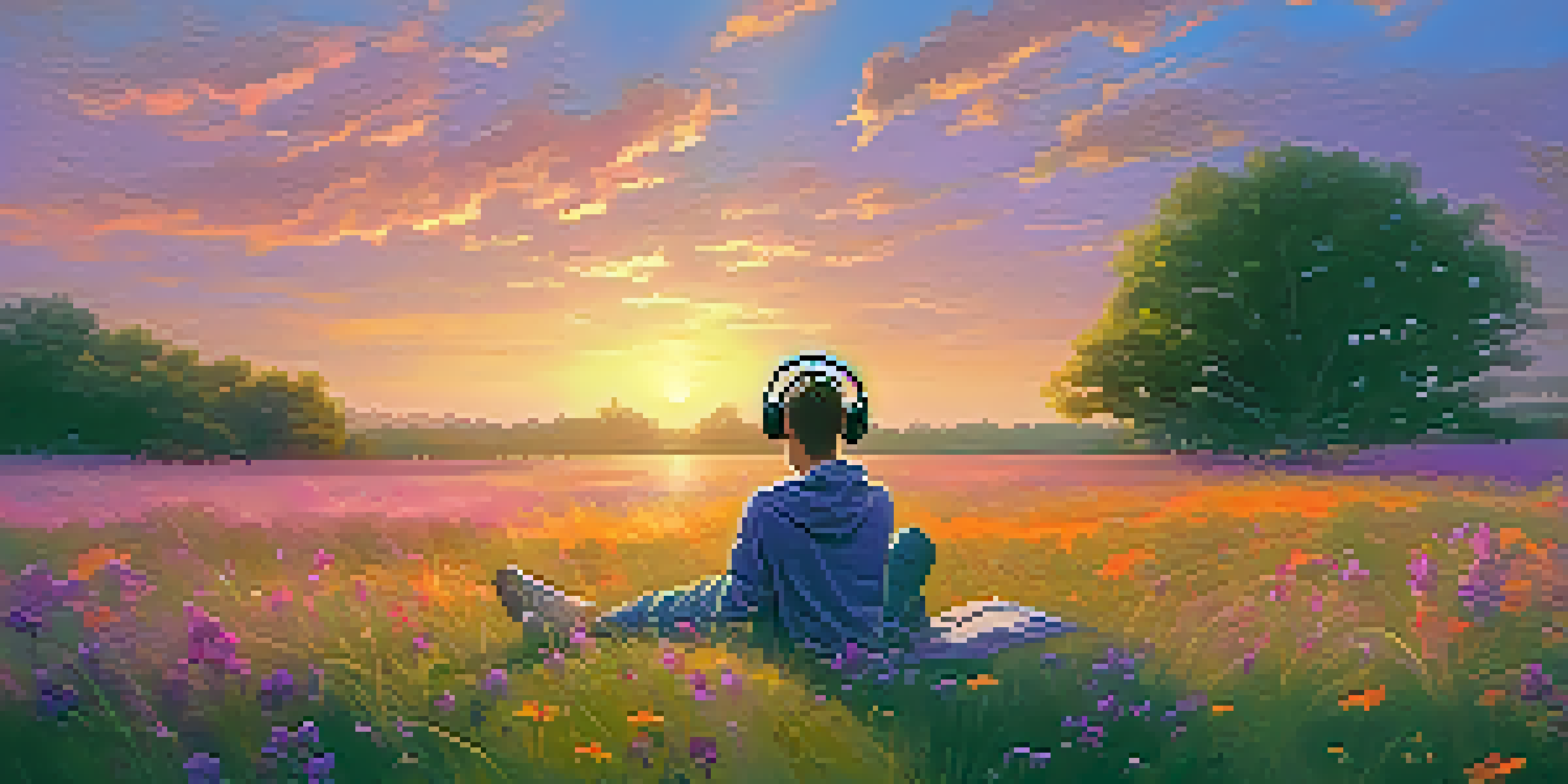 A person lying in a green field with headphones, surrounded by wildflowers, under a colorful sunset sky.
