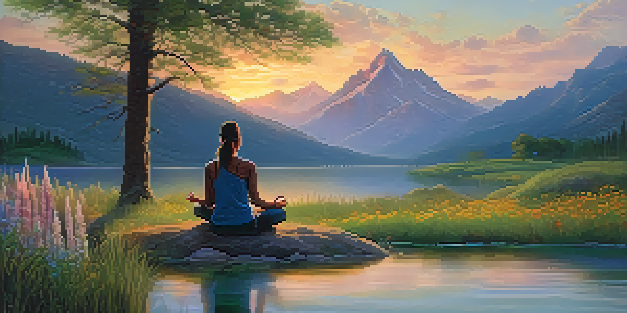 A peaceful sunset landscape with a figure meditating by a calm lake, surrounded by mountains and wildflowers.