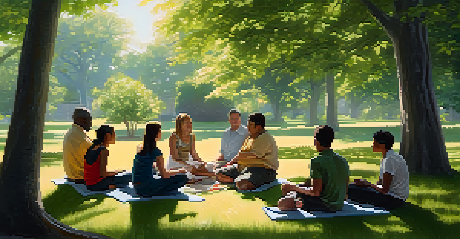 A diverse group of individuals sitting in a circle in nature, participating in a guided therapy session, with sunlight filtering through the trees.