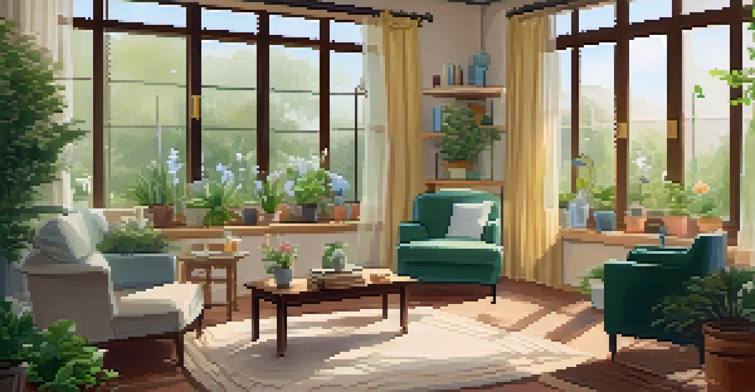 A cozy therapy room with comfortable seating, soft lighting, and a view of a peaceful garden, featuring therapeutic tools.