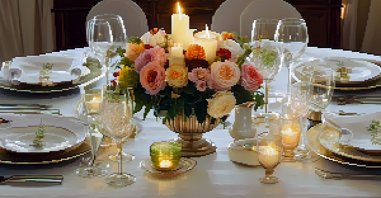 An elegantly set dinner table with dinnerware, glassware, and floral arrangements, illuminated by candlelight.