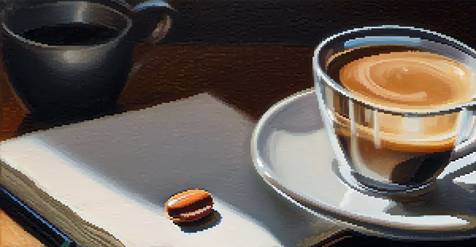 A close-up of a hand holding a small pill in front of a notebook and cup of coffee, with warm lighting.