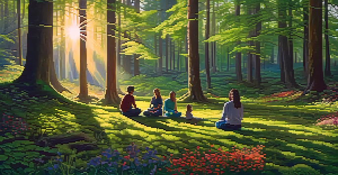 A peaceful forest with sunlight filtering through trees, showing people meditating on moss.