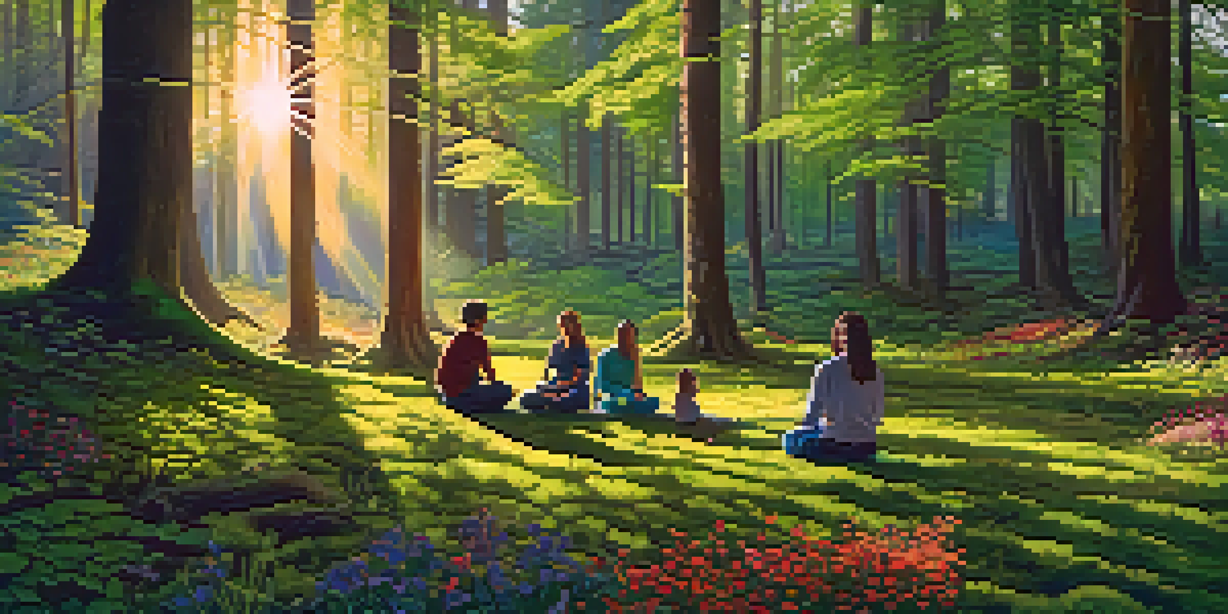 A peaceful forest with sunlight filtering through trees, showing people meditating on moss.