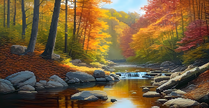 A peaceful forest in autumn with colorful leaves and a calm stream.